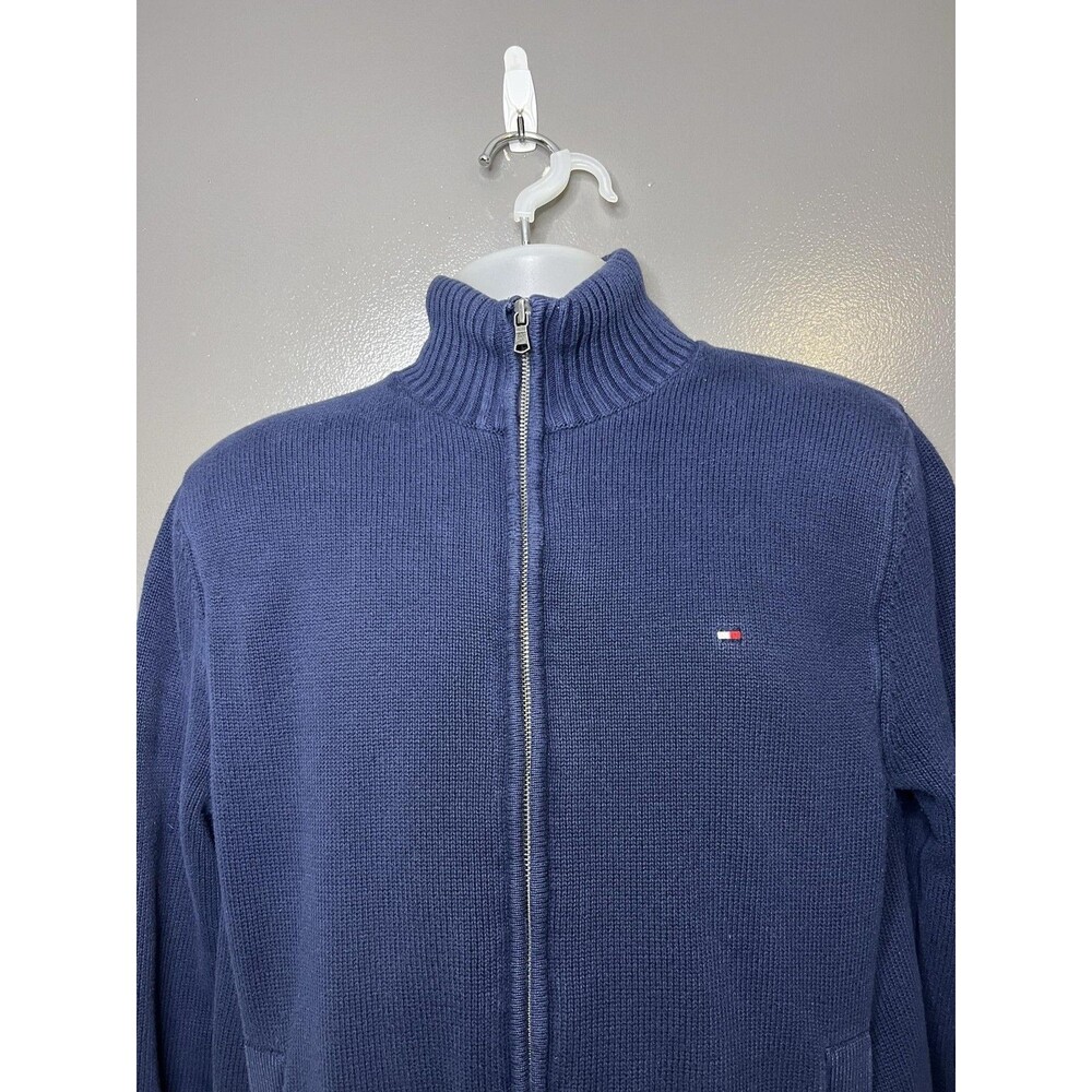 Tommy Hilfiger Sweater Mens Medium Blue Full Zip Sherpa Lined Knit Mock Neck